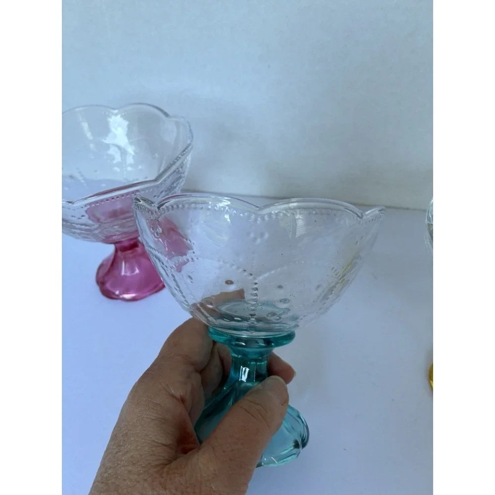 Vintage Indiana Glass Crown Kings Crown Footed Dessert Bowls Set 4 Colored Stems